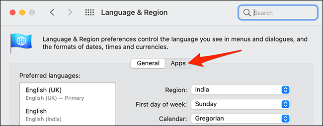 انتخاب Apps برای تغییر زبان یک برنامه در مک