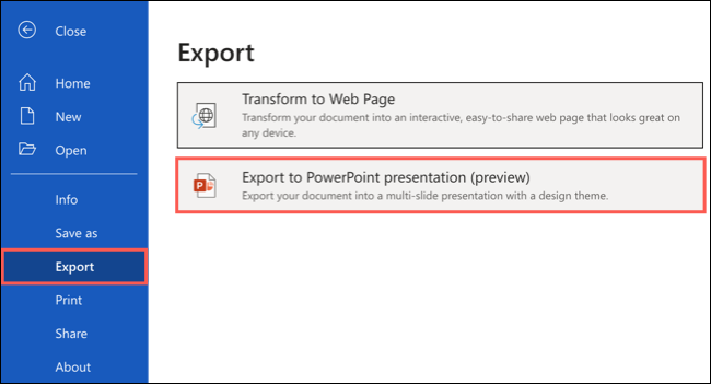  چگونه در Microsoft word  به  Export  دسترسی داشته باشیم برای تبدیل فایل ورد به پاورپوینت
